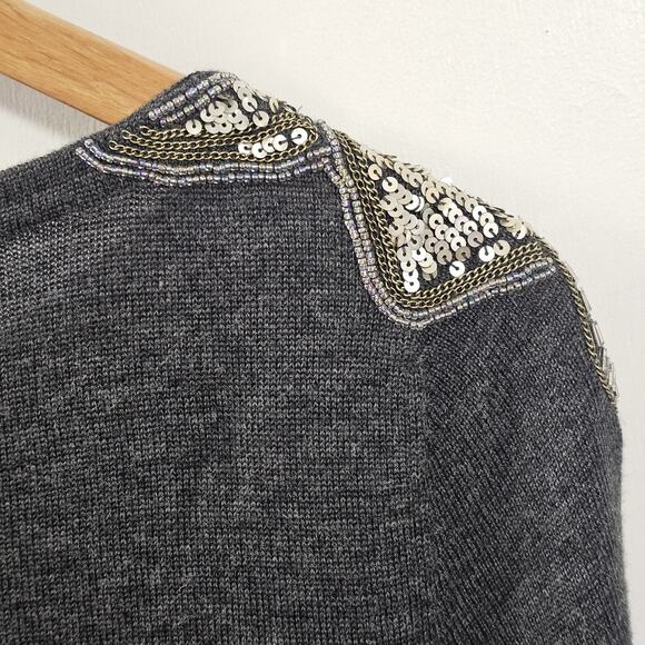 Ann Taylor Loft Gray Embellished Sequin Shoulder Long Sweater Sz Lg Wool Blend - Picture 7 of 7